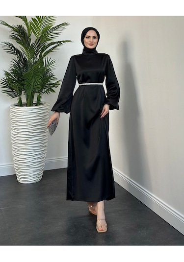 Kemer Taşlı Tesettür Abiye Siyah