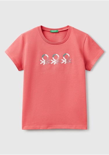 Kız Çocuk Siyah Simli Logo Baskılı T-shirt Pembe