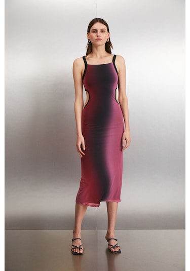 Nuala Kadın Tül Mesh Kumaşlı Astarlı Yandan Dekoltelı Degrade Desenli Kırmızı - Pembe Elbise