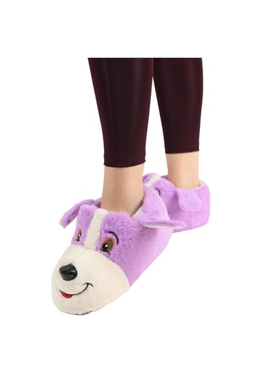 Unisex Sevimli Köpek Figürlü Kaymaz Ve Ses Yapmaz Taban Ev Panduf Lila-lila Lila