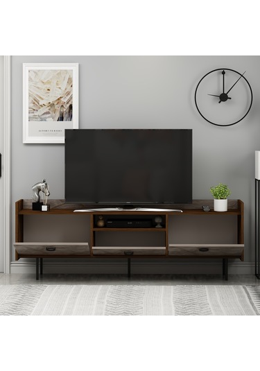 T0015 Lidya Kapaklı, Açık Raflı Tv Sehpası - Gordion Mermer/ceviz Gordion Mermer/ceviz