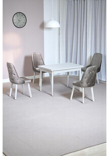 Still Beyaz Mdf 70x110 Sabit Mutfak Masası Takımı Beyaz Metal Ayak 4 Cappucino Sandalye Cappucino