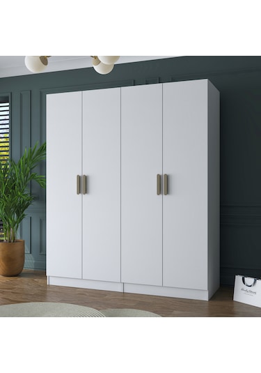 Rani Ba156 Geniş Gardırop Elbise Dolabı 4 Kapaklı 5 Raflı 2 Askılı Modüler Dolap Beyaz