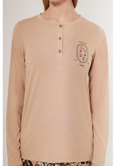 Arnetta 2642 Uzun Kol Kadın Pijama Takımı Bej V1 Bej