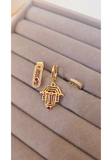 Pembe Taşlı Üçlü Şövalye Çelik Küpe Gold