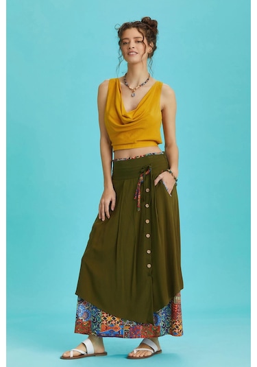 Düğme Detaylı Beli Bağcıklı Cepli Desenli Etek Turuncu