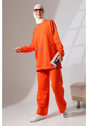 Kadın Turuncu Mevsimlik Penye Alt Üst Spor Ve Rahat Tesettür Takım Turuncu