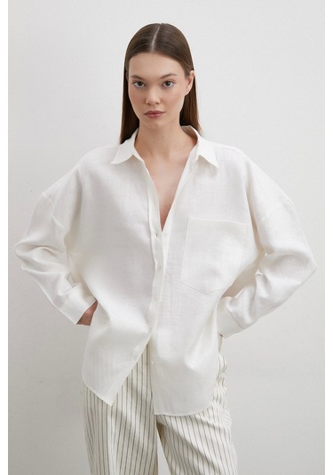 Robalı Cepli Keten Gömlek Ekru Ekru
