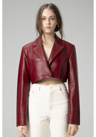 Dericlub Jasmine Kadın Crop Blazer Hakiki Deri Ceket A.bordo Null Bordo