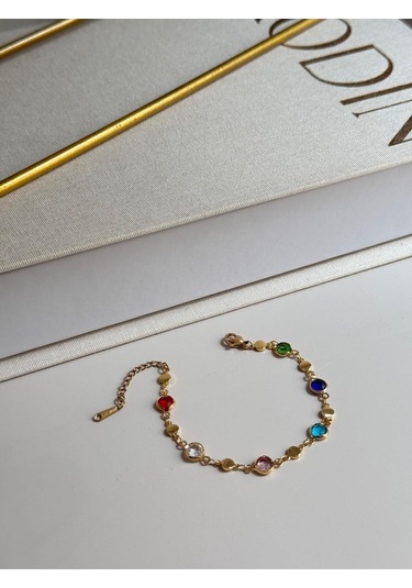 Renkli Taş Detaylı Altın Kaplama Bileklik Zarif Kadın Takı Çok Renkli
