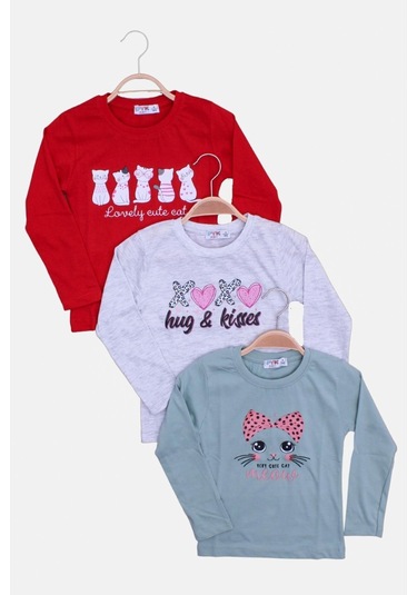 3'lü Cat Meow-hug And Kisses-cute Cat Baskılı Kız Çocuk Uzun Kol Mint Yeşil-gri-kırmızı Sweatshirt Çok Renkli