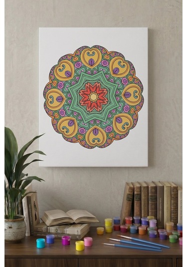 Kalp Motifli Çiçek Mandala Ahşap Boyama Seti 40x50 Cm