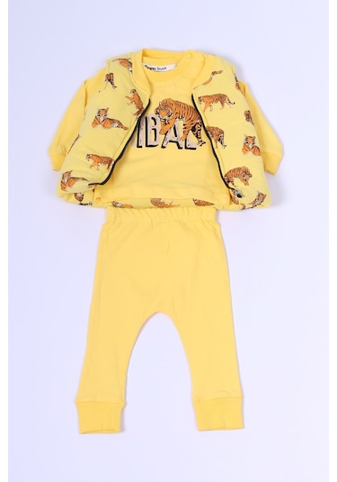 Erkek Bebek 3 Lü Takım 3 İplik Yelekli Kaplan Baskılı Fermuarlı C57 sarı