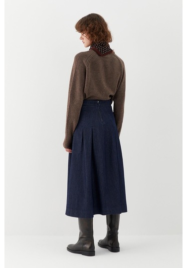 Yüksek Bel Pileli Midi Etek Lacivert Lacivert