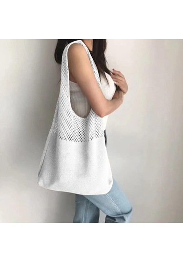 Retro Hollow Örme Omuz Çantaları Kadın Çantaları Yaz Plaj Tığ İşi Tote A435 Beyaz