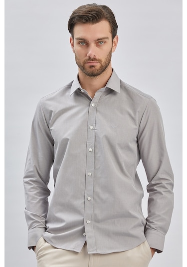 Gri Uzun Kollu Bez Ayağı Sert Yaka Cepsiz Klasik Slim Fit Dar Kesim Gömlek 1004240230-gri Gri