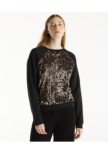 Yargıcı Payetli Bisiklet Yaka Reglan Kol Sweatshirt Siyah