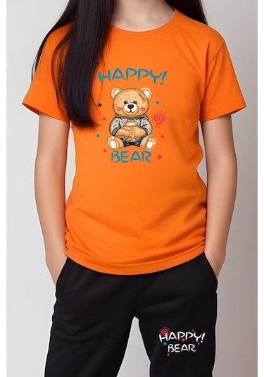 Fyk Kids Kız Çocuk Baskılı Happy Bear Bel Detayı Lastikli Alt-üst Pijama Takımı Turuncu
