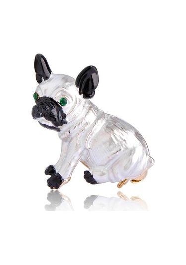 Beyaz Blucome Sevimli Pug Köpek Broş Yeşil Gözler Hayvan Korsaj Pimleri Çocuk Kız Gömlek Ceket Klipleri Broş Elbise Aksesuarları Takı Beyaz