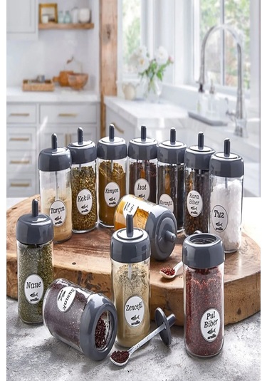 12 Adet Kapağı Kendinden Kaşıklı Cam Baharatlık Seti 300 Ml ŞEffaf