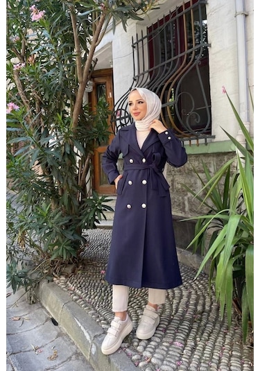 Kadın Kruvaze Polar Kaşe Kaban / M0108 - Lacivert Lacivert
