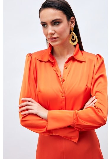 Sateen Vatkalı Saten Gömlek - Oranj