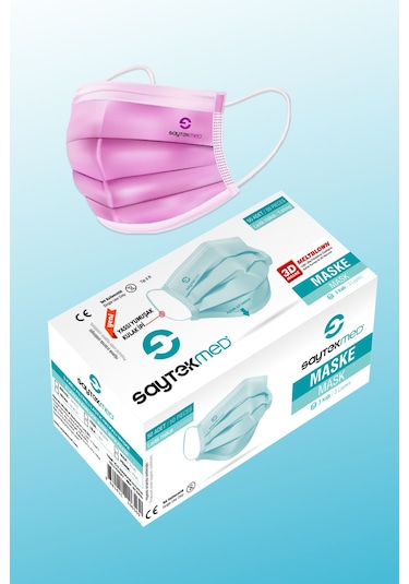 Saytekmed Meltblown Filtreli, Yassı İpli, 3 Katlı Pembe Maske (2 Kutu/100 Adet)