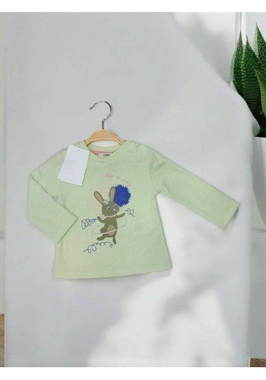Kız Bebek Tavşan Baskılı Pamuklu İnce Uzun Kollu Bluz-14900 Yeşil