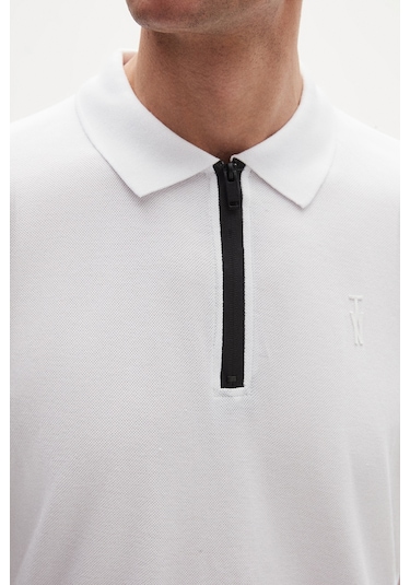 Twn Slim Fit Beyaz Pike Dokulu Yarım Fermuarlı Polo Yaka T-shirt 4ec14ortfrplo Beyaz