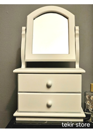 Ahşap Hareketli Aynalı Beyaz Lake Takı Ve Makyaj Organizeri