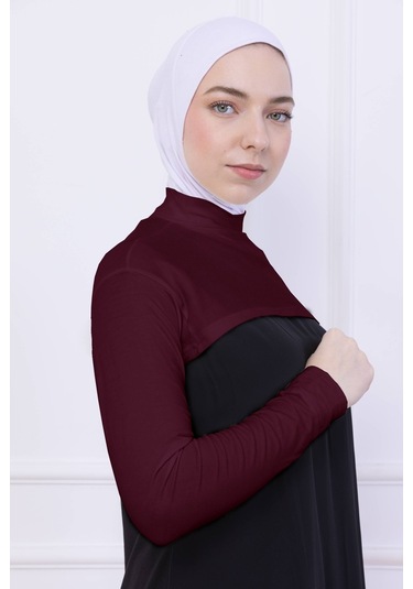 Balıkçı Yaka Boyunluklu Kolluk Bordo - Likralı Dik Yakalı Kadın Body Tesettür Crop Bolero Bordo