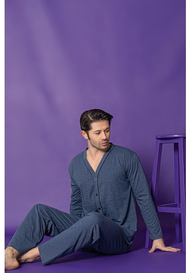 Erkek Boydan Düğmeli Yüksel Kalite Pamuk Pijama Takımı 16511-indigo Mavi İndigo