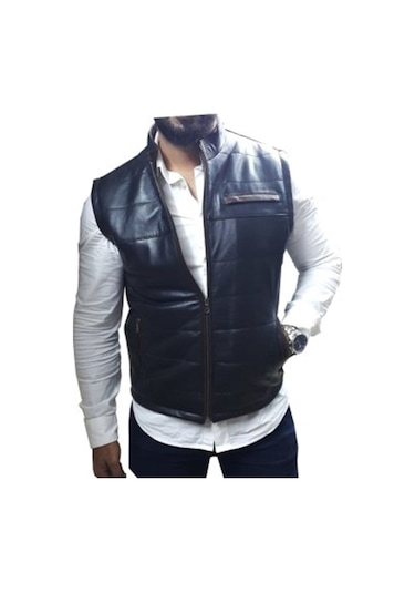 Hakiki Deri Siyah Hakim Yaka Yandan Cepli Erkek Deri Yelek Siyah