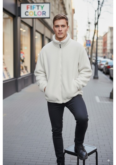 Beyaz Premium Kalite Dik Yaka, Fermuarlı, Polarlı, Peluş Ceket Beyaz