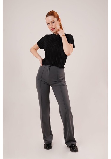 Fitilli Kısa Kollu Parlak Siyah Bluz Antrasit Melanj