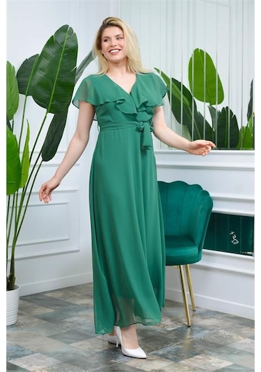 Neşeli Butik Kadın Yeşil Kruvaze Yaka Bağlama Detaylı Uzun Şifon Elbise Nb0001 Yeşil