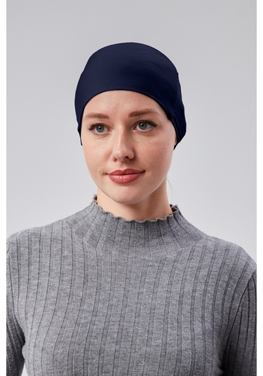 Kadın Tesettür Likralı Penye Dikişsiz Kaymaz Düz Bağlamalı Bone Lacivert