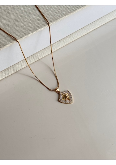 Zirkon Taşlı Plakada Kuzey Yıldızı Gold Çelik Kolye Altın