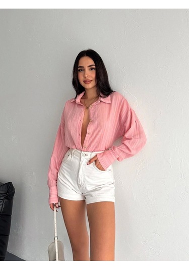 Çizgili Oversize Gömlek Pembe