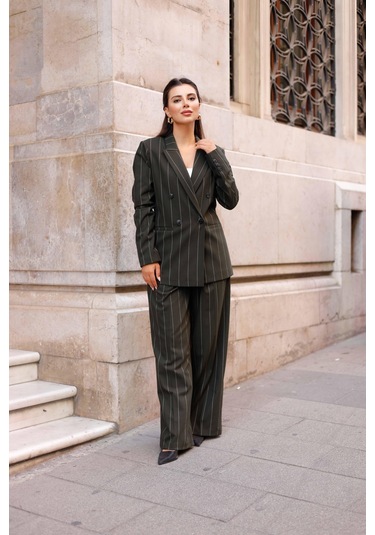 4 Düğmeli Kruvaze Geniş Çizgili Takım Haki Haki