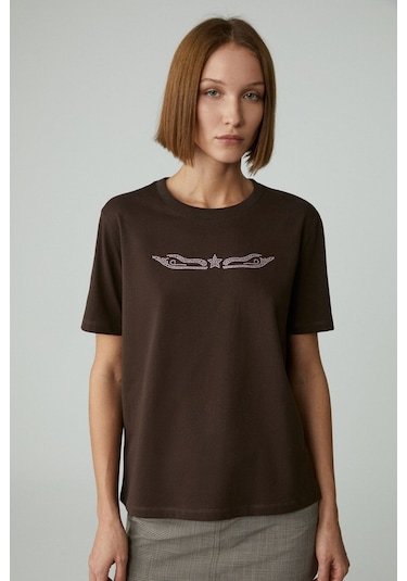 GRIMELANGE Cherıe Kadın Crop Taşlı Yuvarlak Yaka Kahverengi T-shirt Kahverengi