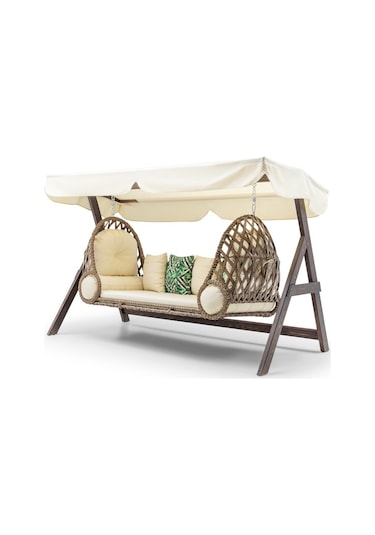 Swing Saltanat Ahşap Rattan Salıncak Dış Mekan Bahçe Balkon Ve Teras Salıncağı Krem Ceviz