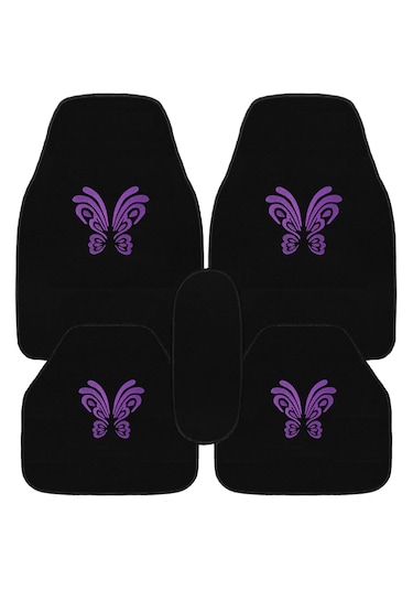Kelebek Desenli Mor Nakışlı 5 Parça Siyah Oto Halı Paspas Seti Kadın Sürücülere Özel Şık Tasarım