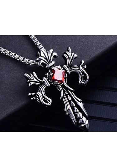 Paslanmaz Çelik Kırmızı Zirkon Taşlı Gotik Haç Kolye