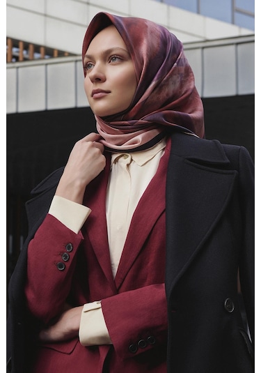Poanes Karma Desenli Twill İpek Eşarp Açık Pembe - Pembe