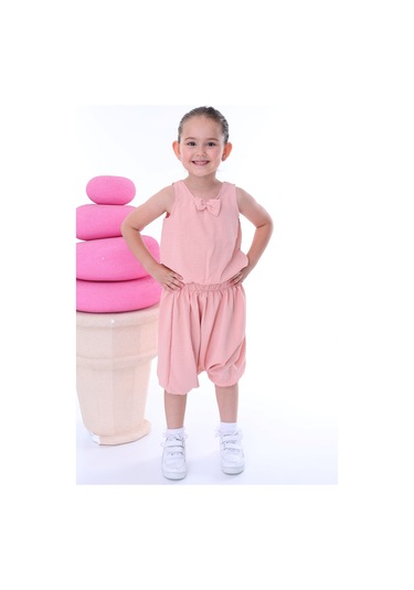Zuzunga Airobin Kumaş Fiyonk Detaylı Kız Çocuk Şalvar Tkımı Alt-üst Pembe