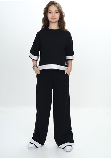 Kız Çocuk %100 Pamuk Kısa Kollu Garnili Truvakar Kol 2 İplik Alt&üst Eşofman Takımı-285-eşt-0011 Siyah