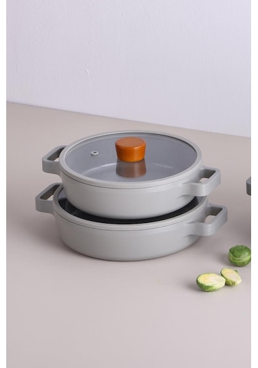 Neoflam Fika Cam Kapaklı Alüminyum 2'li Sahan Set 20 - 22cm Gri