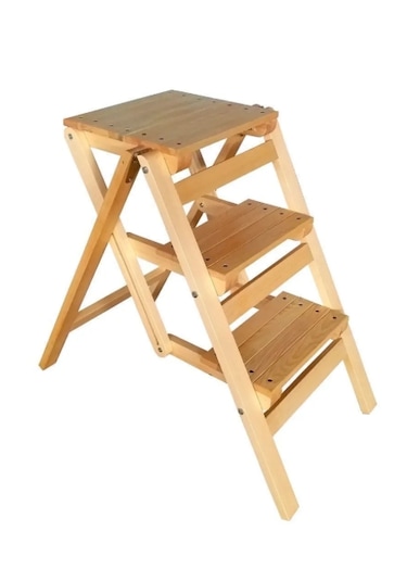 Abaş Ahşap Merdiven Tabure Katlanır 3 Basamaklı Natural