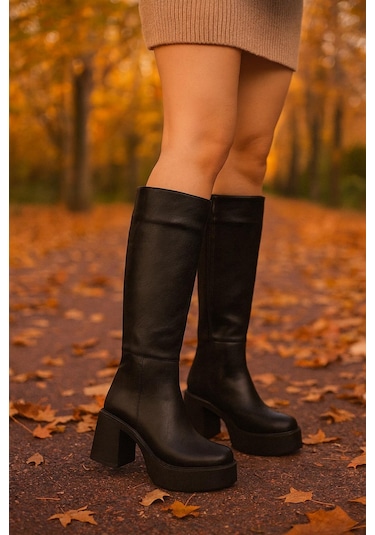 Kadın Fermuarlı Yüksek Topuklu Şık Çizme Siyah